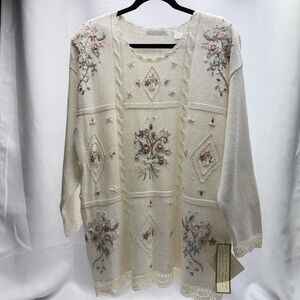 Vintage Sellecca Woman Sweater 2X Cream Floral Embroidered Boho Ramie Cotton